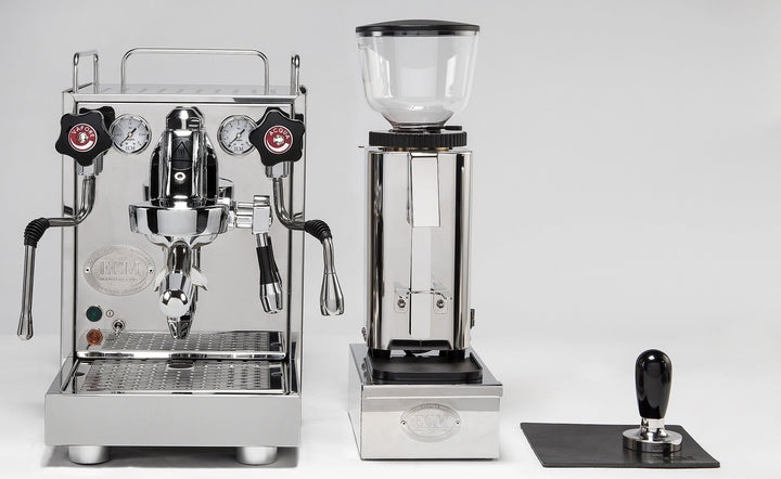 ECM Mechanika Slim VI on a bench with grinder