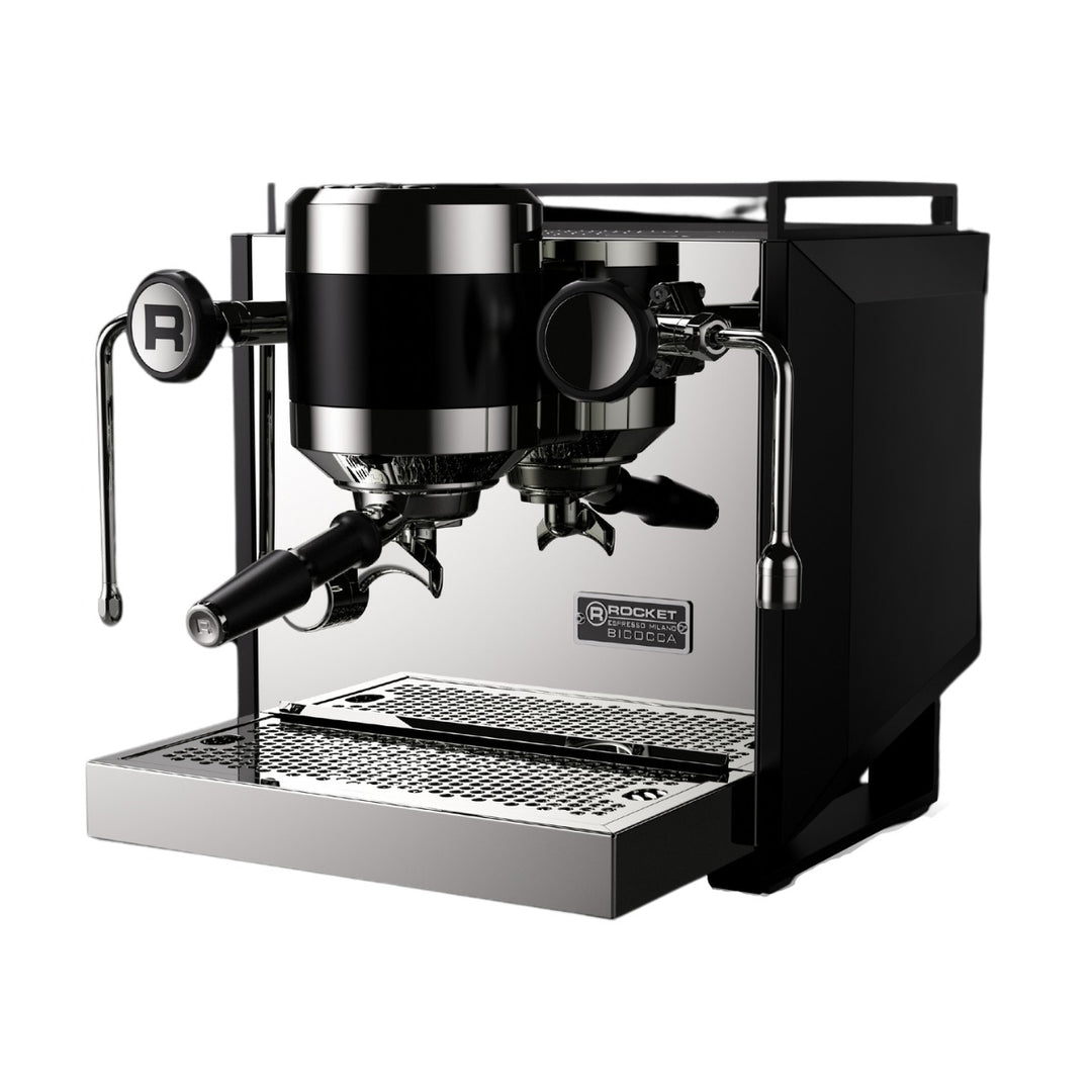 Rocket Bicocca espresso machine, black, angled view