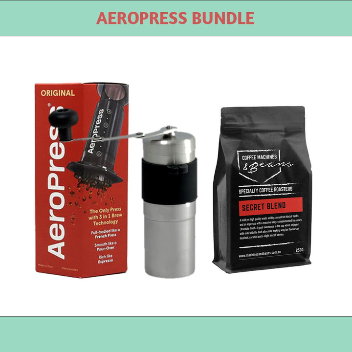 Aeropress bundle with Aeropress Original, Compact Stainless Hand Grinder and Secret Blend 250g
