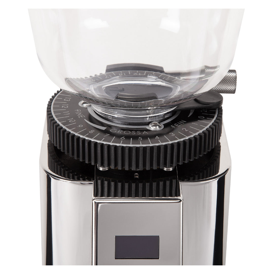 ECM C-Automatik 54 grinder, close-up of hopper and grind adjustment collar
