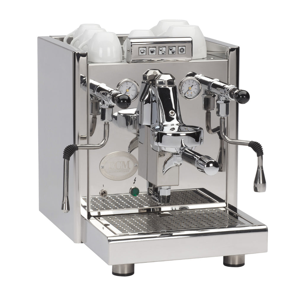 ECM Elektronika II Profi Rotary, angled view with cups on the warming tray