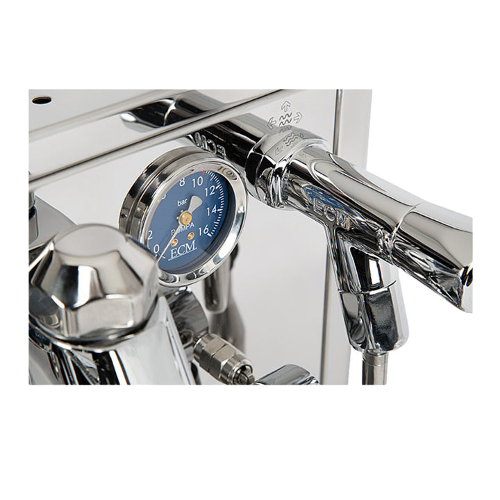ECM Technika VI Dual Boiler, close-up of blue pressure gauge